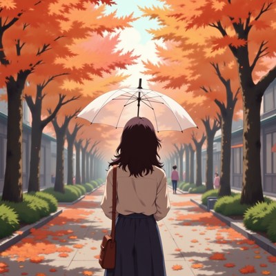 Autumn stroll under trees with vibrant orange leaves