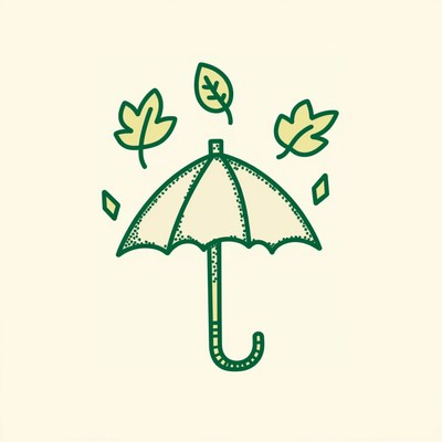 Cute green umbrella with falling leaves during autumn