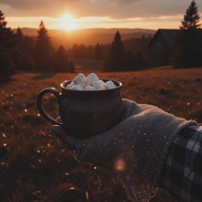 Cozy cup of hot cocoa at sunset in the mountains