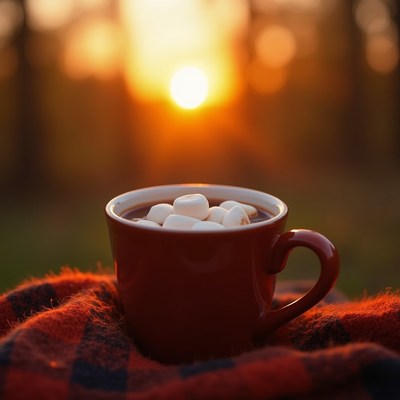 Warm cup of cocoa with marshmallows at sunset