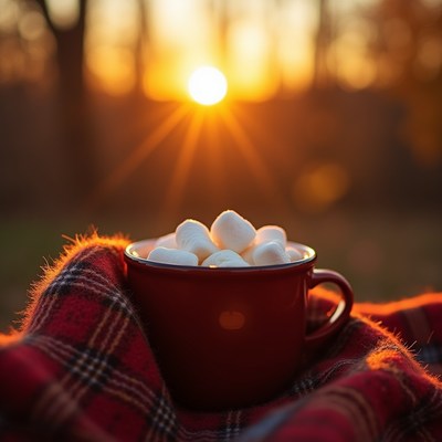 Warm cup of cocoa with marshmallows at sunset