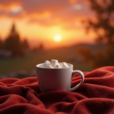 Warm drink with marshmallows at sunset in nature