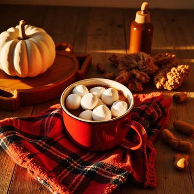 Warm drink with marshmallows and autumn decor