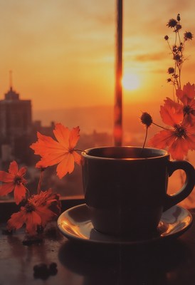 Relaxing sunset view with coffee and flowers in city