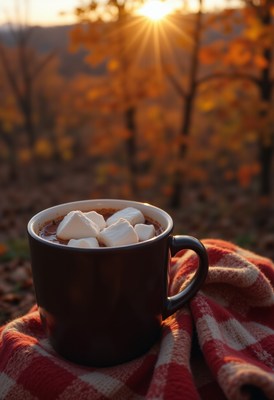 Enjoying warm cocoa with marshmallows in autumn sunset