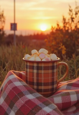 Warm drink with marshmallows during sunset in nature