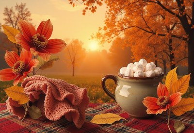 Cozy autumn sunset with hot drink and flowers