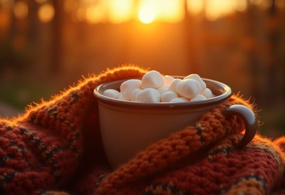 Warm drink with marshmallows at sunset in nature
