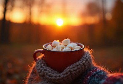 Hot cocoa mug with marshmallows at sunset