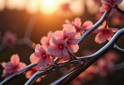 Blossoming pink flowers during sunset in a warm garden