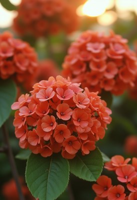 Bright red flowers bloom in a vibrant garden at sunset