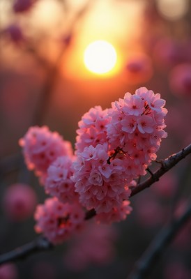 Cherry blossoms bloom at sunset in serene garden