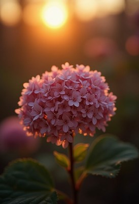 Soft pink flowers bask in sunset glow in a garden