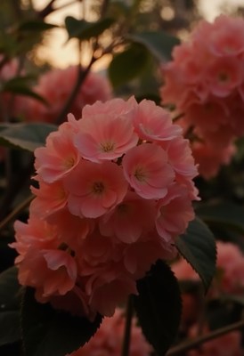 Serenity in blooming pink flowers at sunset