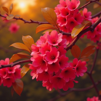 Vibrant cherry blossoms blooming in warm sunlight