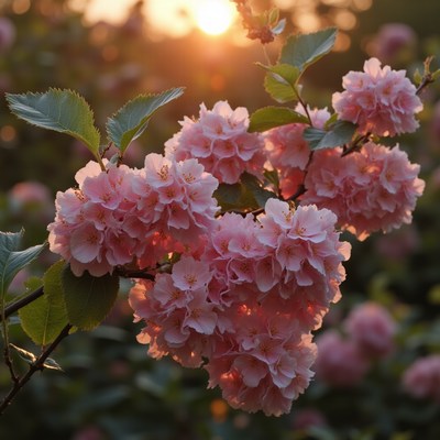 Cherry blossoms bloom at sunset in spring garden