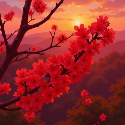 Cherry blossoms bloom at sunset in a scenic landscape