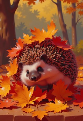Hedgehog surrounded by autumn leaves in a woodland setting