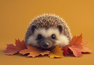 Hedgehog resting among vibrant autumn leaves