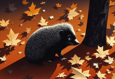 Hedgehog amidst autumn leaves in a forest setting