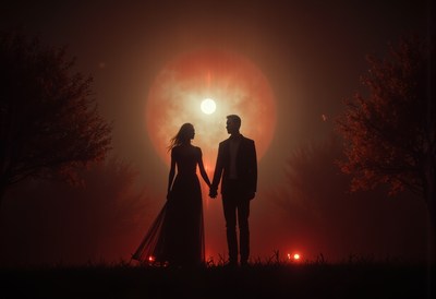 Couple holding hands against an illuminated foggy backdrop
