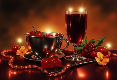 Colorful still life with berries, cherries, and glass