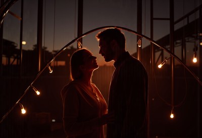 Romantic couple sharing a moment at sunset outdoors