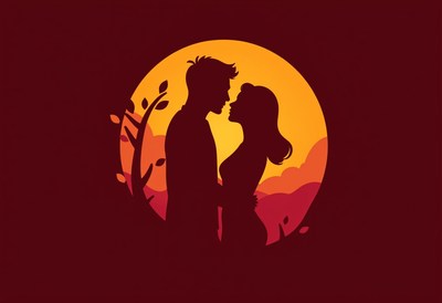 Romantic silhouette of couple against sunset backdrop
