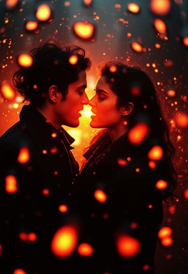 Couple embraces amidst glowing embers at twilight
