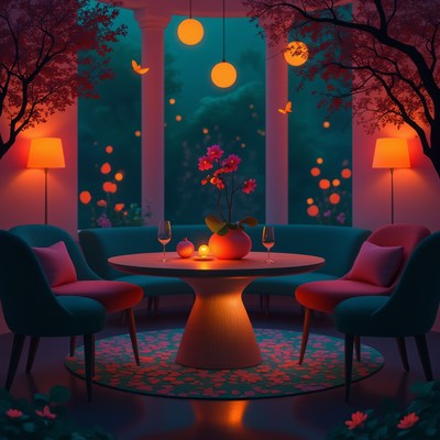 Cozy evening gathering in a beautifully lit garden