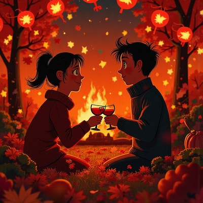 Couple enjoying a cozy autumn evening by the fire