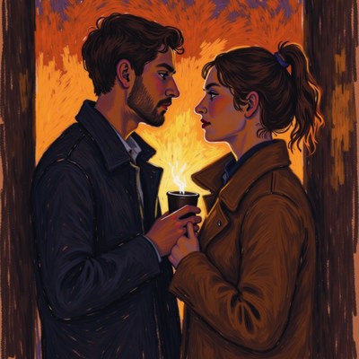 Couple enjoys warm drinks in cozy autumn ambiance