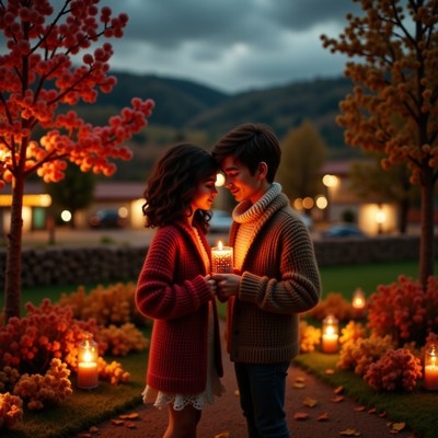 Couple sharing a romantic moment in a cozy autumn garden