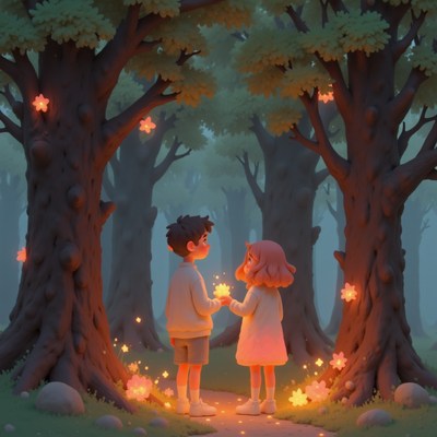 Magical forest encounter between two children at dusk