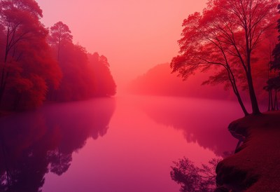 Serene lake with vibrant pink reflections at sunset