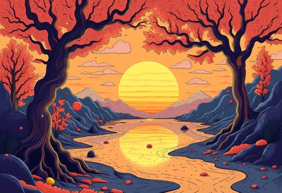 Colorful sunset over tranquil river surrounded by trees