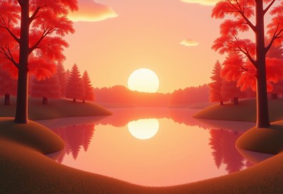 Autumn Sunset Over Lake with Red Trees