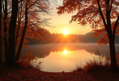 Sunrise over calm lake in autumn forest