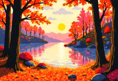 Autumn Forest Lake Sunset Illustration