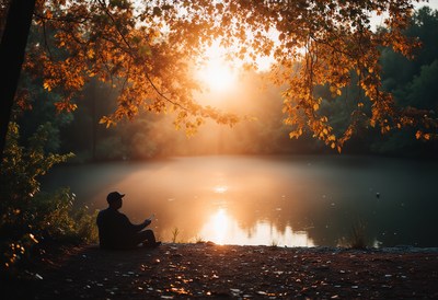 Man fishing by lake at sunset