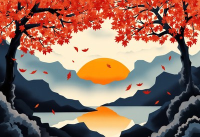 Autumn Sunset Over Maple Trees and Lake