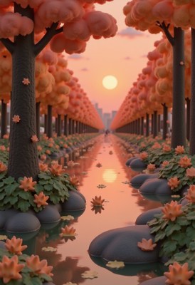 Sunset over a serene park with blooming trees and water