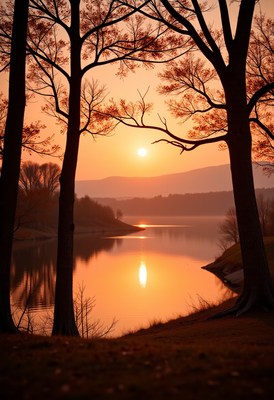 Sunset over a serene lake framed by trees
