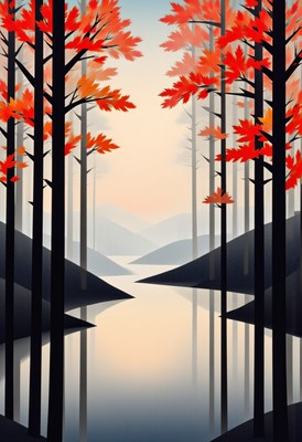 Autumn forest landscape with reflections in calm water