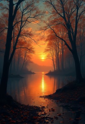Tranquil sunset over a misty river landscape