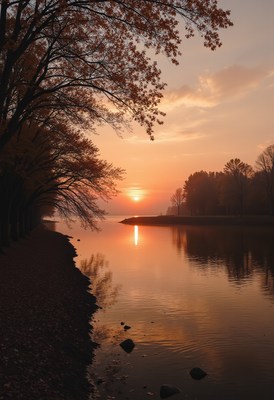 Sunset reflections over tranquil river in autumn landscape