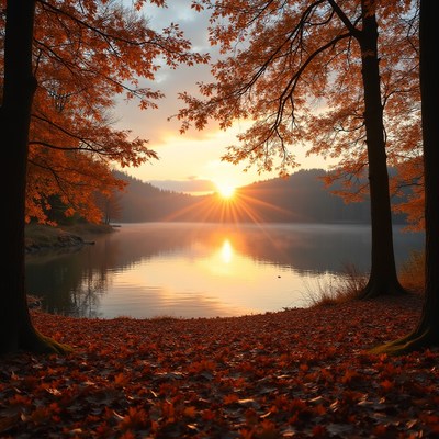 Sunset over a serene lake in autumn foliage