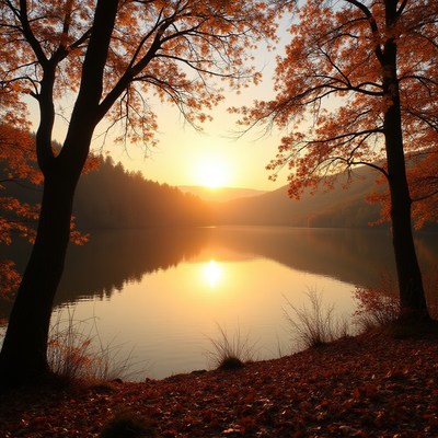 Sunset over calm lake surrounded by autumn trees