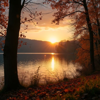 Beautiful autumn sunset over tranquil lake landscape