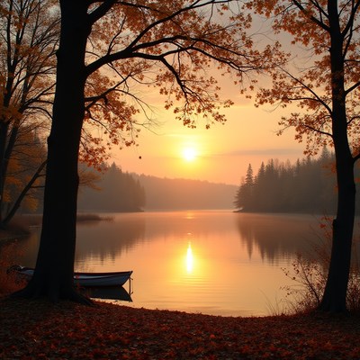Serene sunset over calm lake surrounded by autumn trees